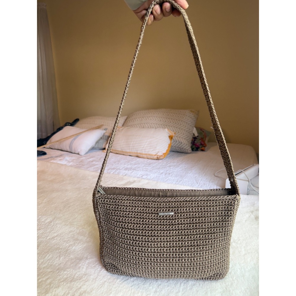 The Sak Crochet Shoulder Bag Taupe Brown Metallic Knit Zip Hobo Purse Womens